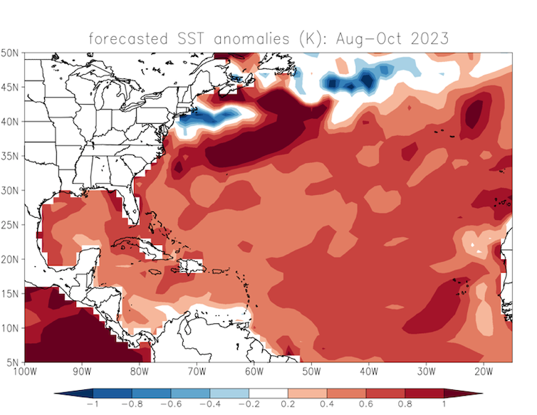 Map showing warmer than normal temperatures across the Gulf of Mexico and Atlantic Ocean south of the Virginia.