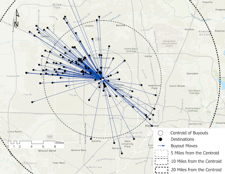 The map shows relocation routes from northwest Houston suburbs to locations primarily farther north and west, away from the city.