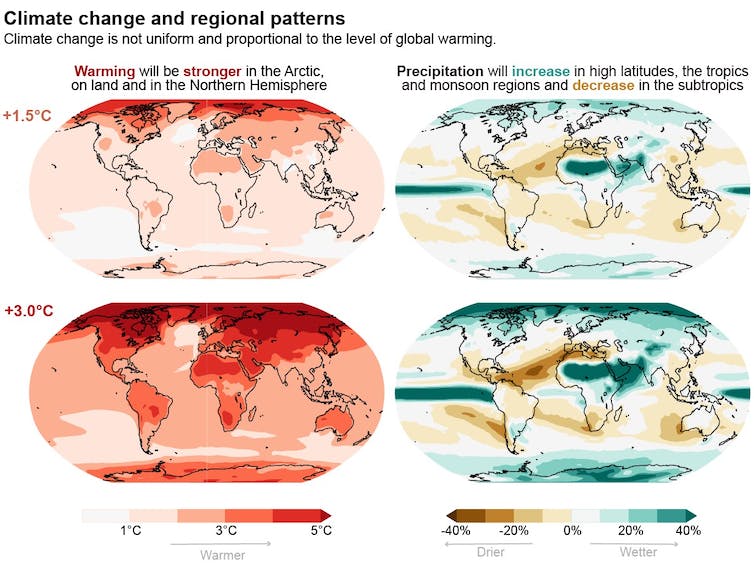 Maps  showing precipitation projections and warming projections at 1.5 and 3 degrees Celsius.