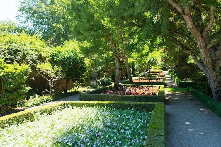 A garden walk with parallel gravel pathways on either side of carefully manicured flower beds and old trees.