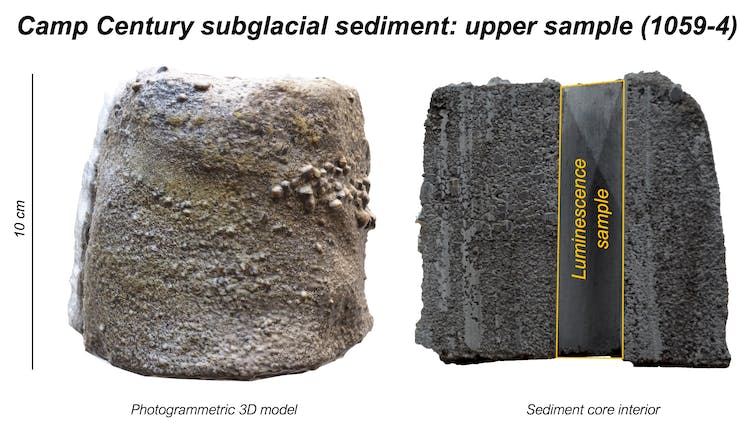 A composite photograph of the sediment core showing the luminescence sample used to determine when Greenland was last ice-free beneath Camp Century.