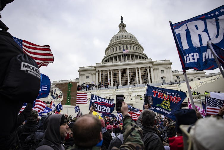 A large crowd of people stand outside the U.S. Capitol building and hold signs that say Trump and American flags.