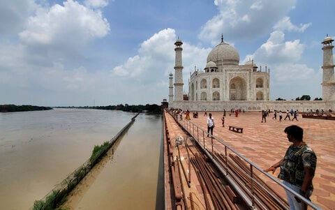 Yamuna river reaches the iconic Taj Mahal's outer walls in India after swelling with monsoon rains