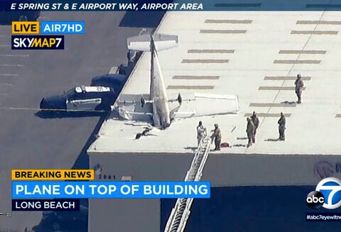 Pilot escapes with minor injuries when small plane crashes into hangar's roof at California airport