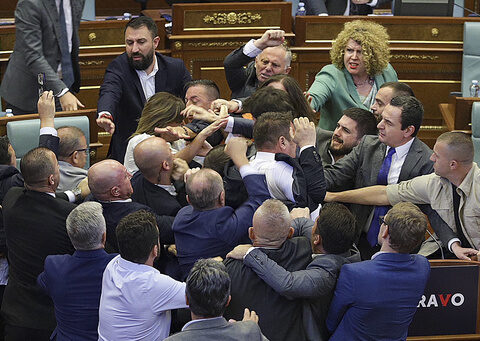 Brawl erupts in Kosovo's parliament during prime minister's speech on defusing tensions with Serbs