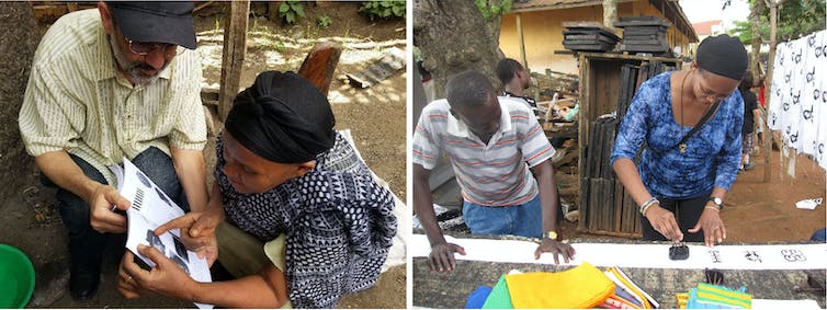 Two photos. On the left, one man in a hat is sitting holding a book, and another person crouches next to him pointing at the page. On the right, two people stand above a table and the person on the right is stamping a blank page.