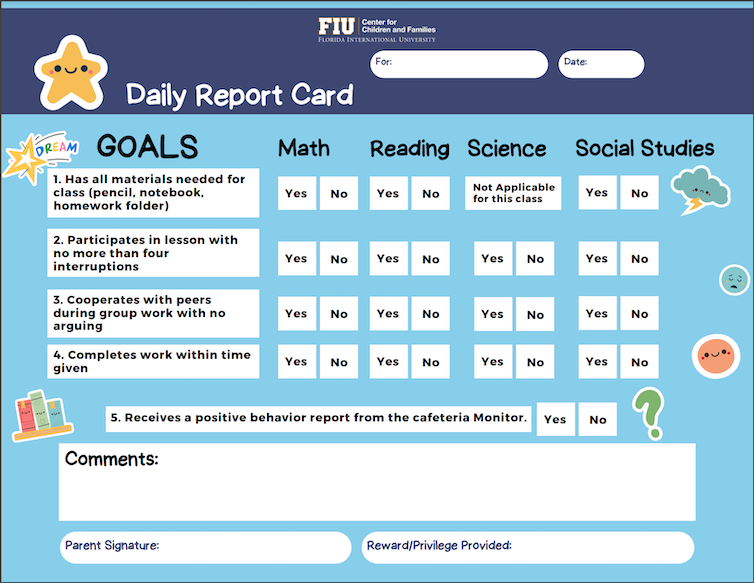 A cheery-looking card headed 'Goals' has columns for math, reading, science and social studies.