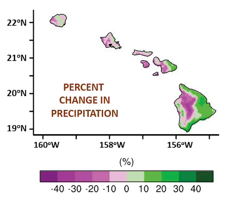 A Map shows rainfall rates increasing significantly in already wet areas and decreasing in already dry areas, by 40% in some areas.