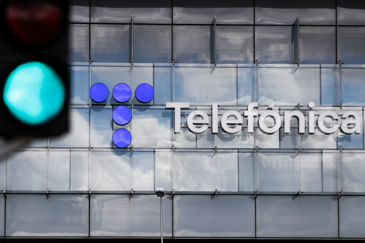 FILE PHOTO: The logo of Spanish Telecom company Telefonica is seen in Madrid