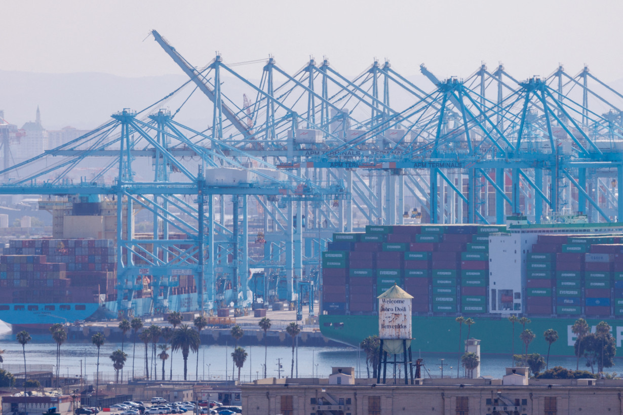 Containships are shown at the Port of Los Angeles