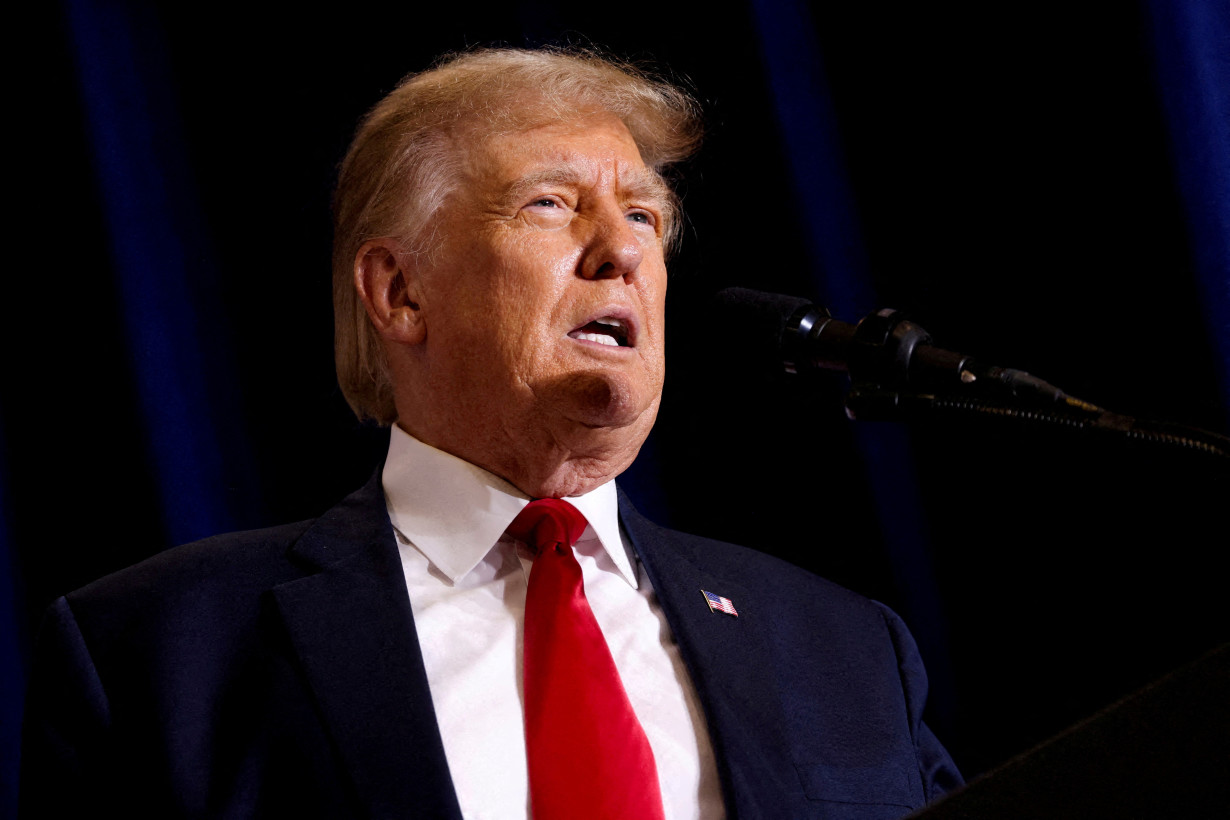 FILE PHOTO: Former U.S. President and Republican presidential candidate Donald Trump speaks during a 2024 presidential campaign rally in Dubuque