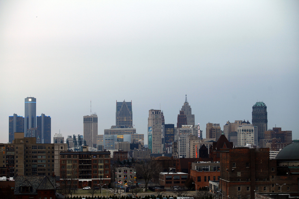 The Detroit skyline is seen from the north side of the city in Michigan