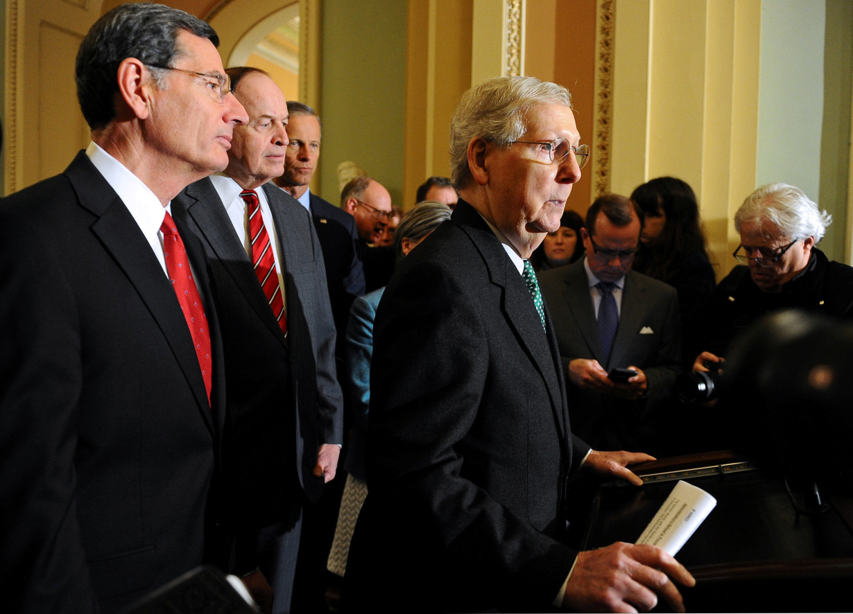 Senate Majority Leader Mitch McConnell R-KY, speaks to the media at the U.S. Capitol after a tentative deal is set to avert a second partial government shutdown