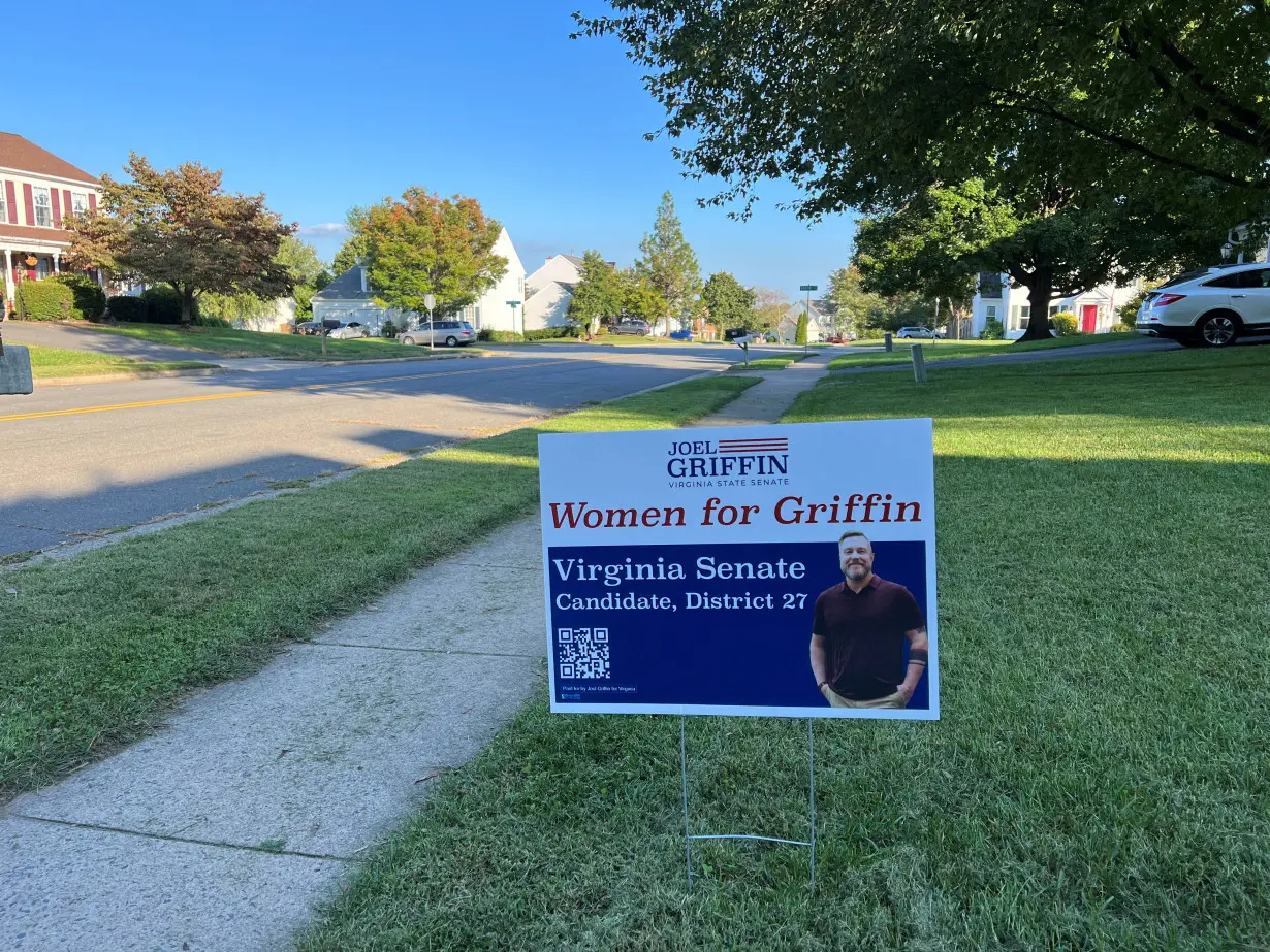 A view of a sign supporting Democratic candidate for Virginia State Senate District 27 Joel Griffin on a lawn in Stafford