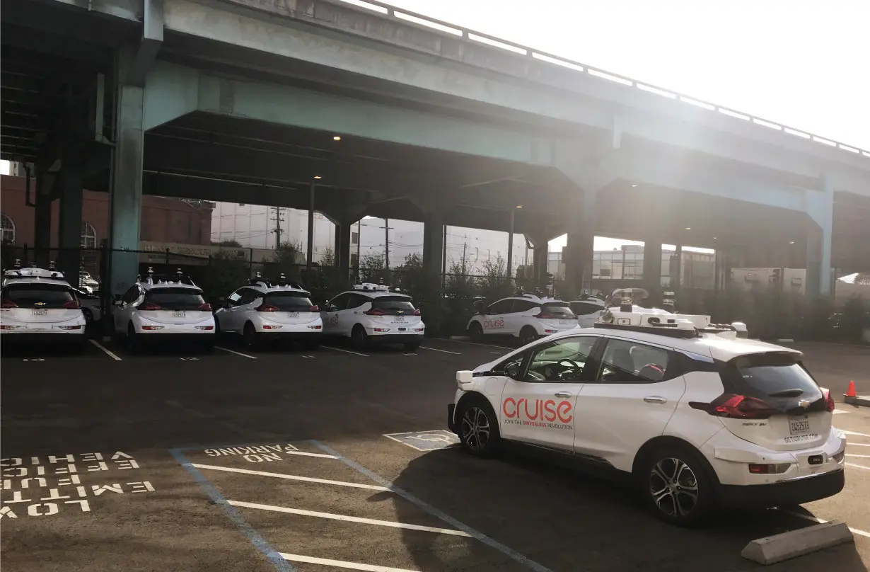 A Cruise self-driving car, which is owned by General Motors Corp, is seen outside the company’s headquarters in San Francisco