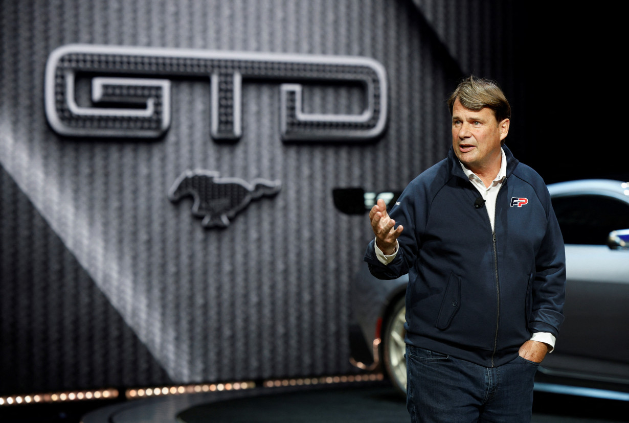 Ford Motor President and CEO Jim Farley talks about the Mustang GTD during the press day of the North American International Auto Show