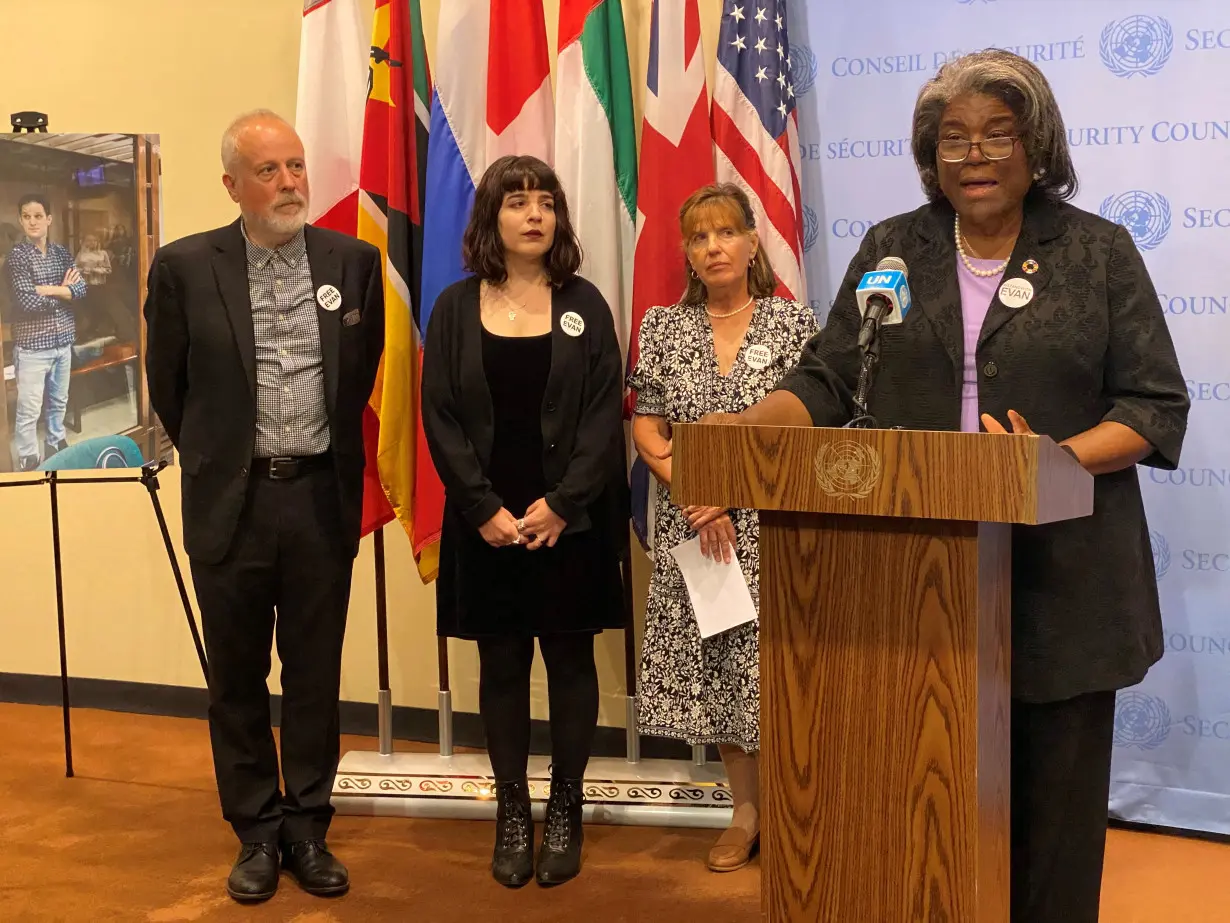 FILE PHOTO: U.S. Ambassador to the U.N. Linda Thomas-Greenfield speaks, as WSJ reporter Gershkovich's family stands beside, in New York