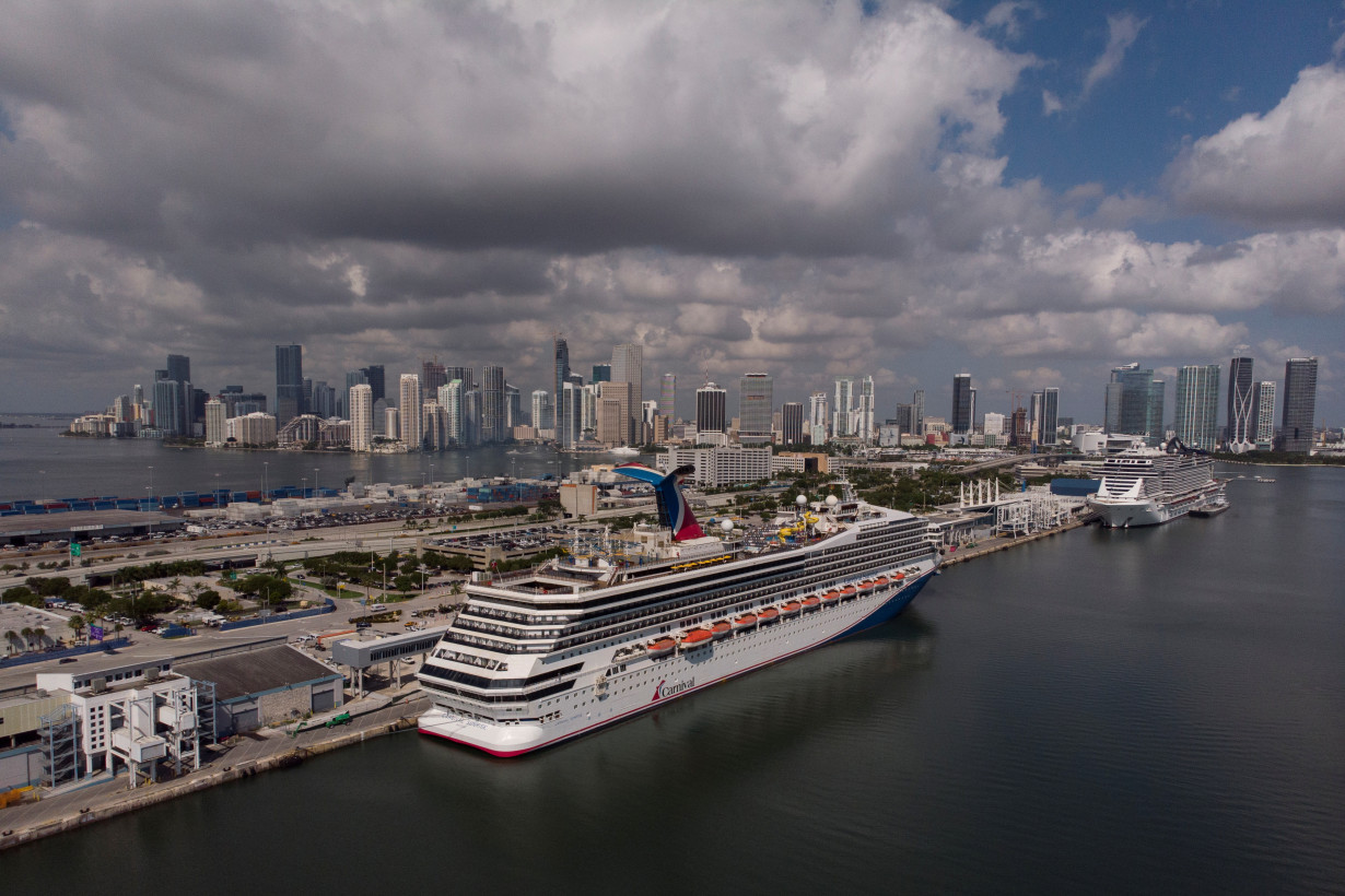 The Carnival cruise ship Sunrise is seen docked at Miami Port, in Miami