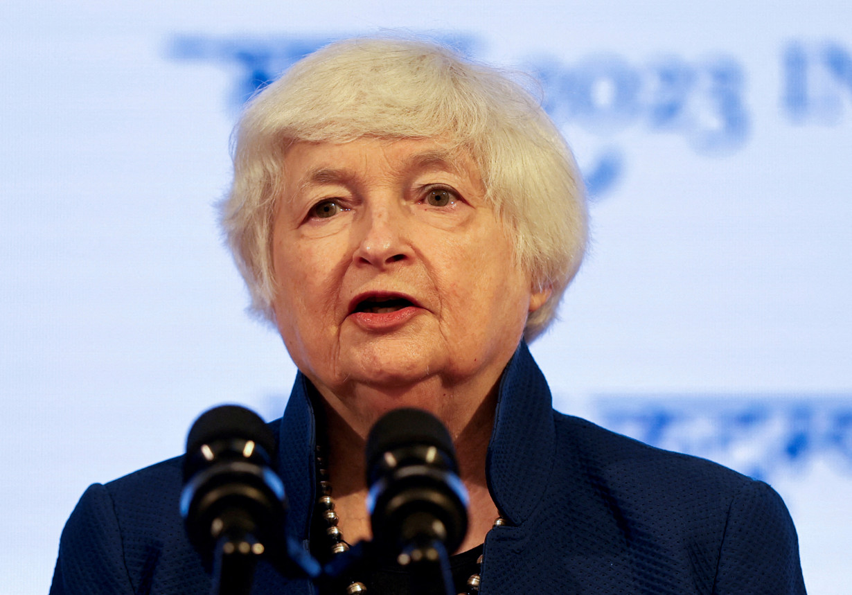 FILE PHOTO: US Treasury Secretary Yellen addresses a news conference during a G20 finance ministers' and Central Bank governors' meeting at Gandhinagar