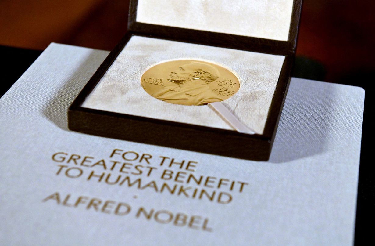 FILE PHOTO: The Nobel Prize medal, presented to Charles M. Rice in Physiology or Medicine, is seen after Swedish Consul General Annika Rembe presented it to him at her residence in New York City