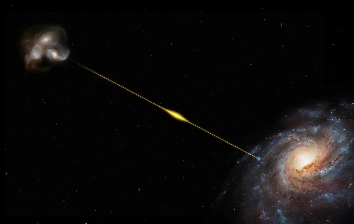 This artist's impression, not to scale, illustrates the path of a fast radio burst from the distant galaxy to Earth