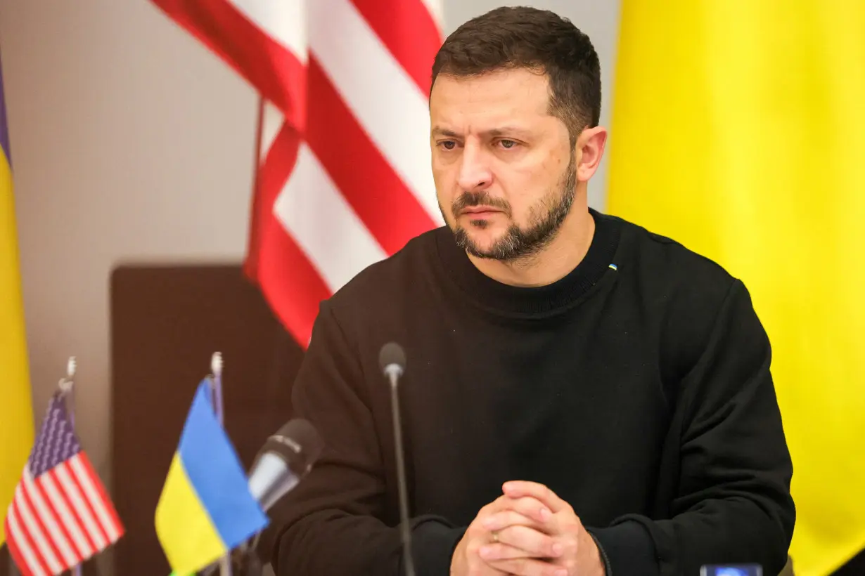 FILE PHOTO: Ukraine's President Zelenskiy addresses a meeting of the Ukraine Defense Contact Group in Brussels