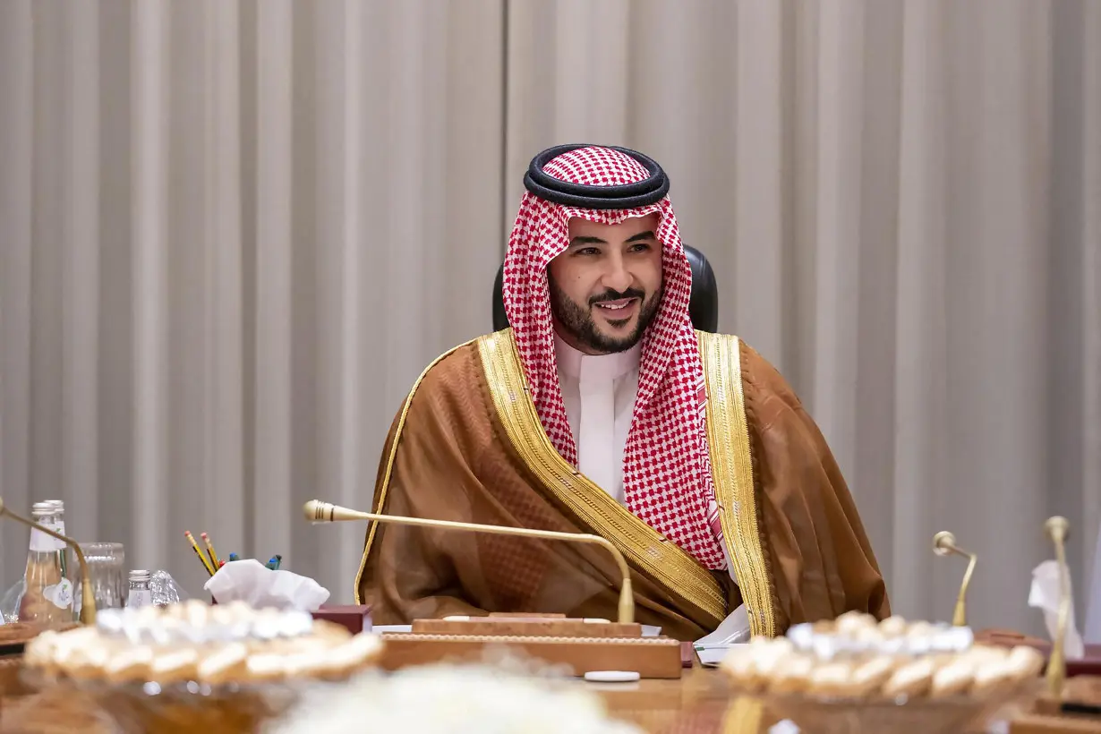 Saudi's new Defence Minister, Prince Khalid bin Salman chairs his first meeting with military officials in the Ministry of Defence in Riyadh, Saudi Arabia