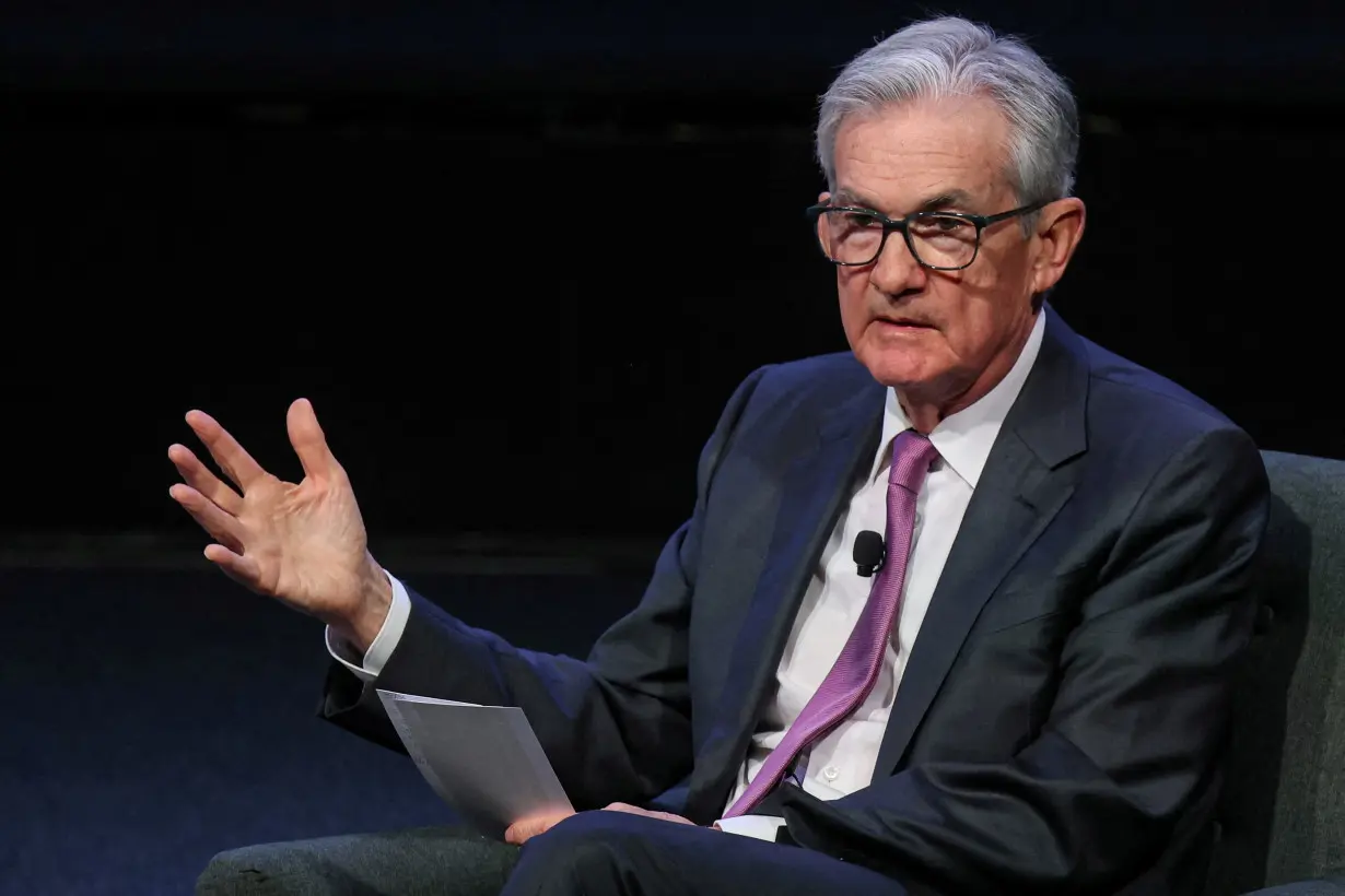 FILE PHOTO: Federal Reserve Chairman Jerome Powell speaks during a meeting of the Economic Club of New York in New York