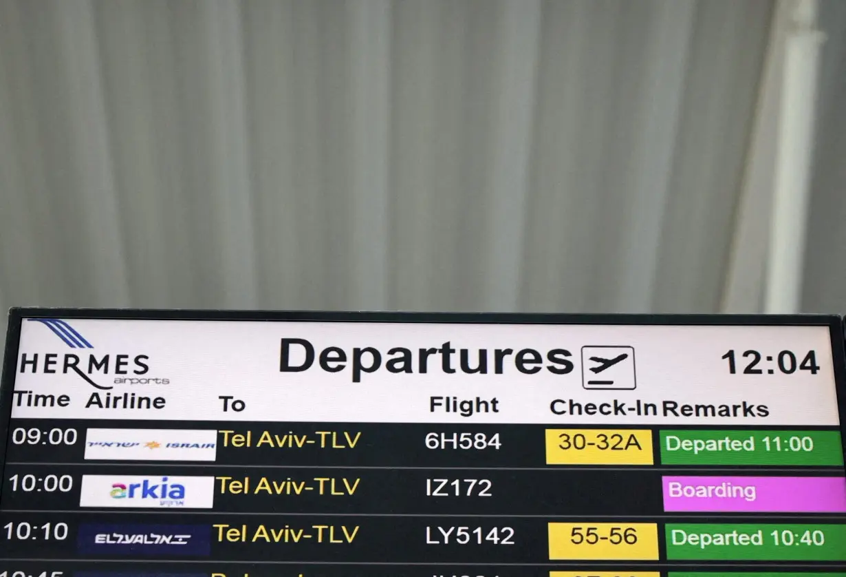 FILE PHOTO: A departures board announcing flights to Tel Aviv, Israel, is seen in Larnaca International Airport, in Larnaca