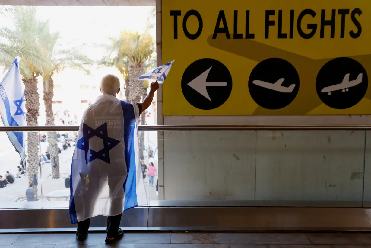 FILE PHOTO: Protests against Israel's judicial overhaul, at Ben Gurion International Airport in Lod