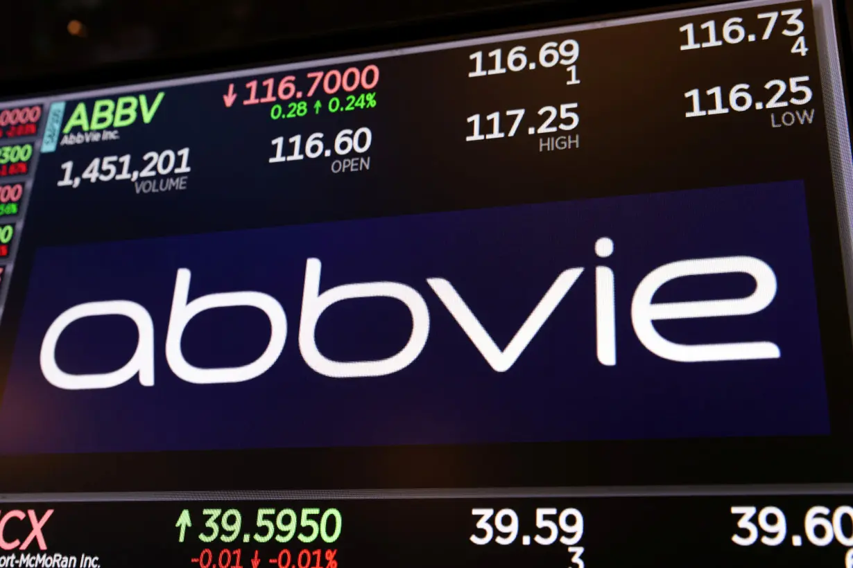 The logo for AbbVie is displayed on a screen at the New York Stock Exchange (NYSE) in New York City