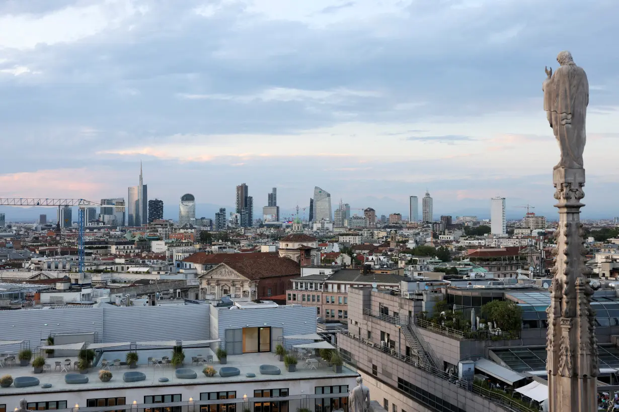 A view shows Milan's skyline during sunset in Milan