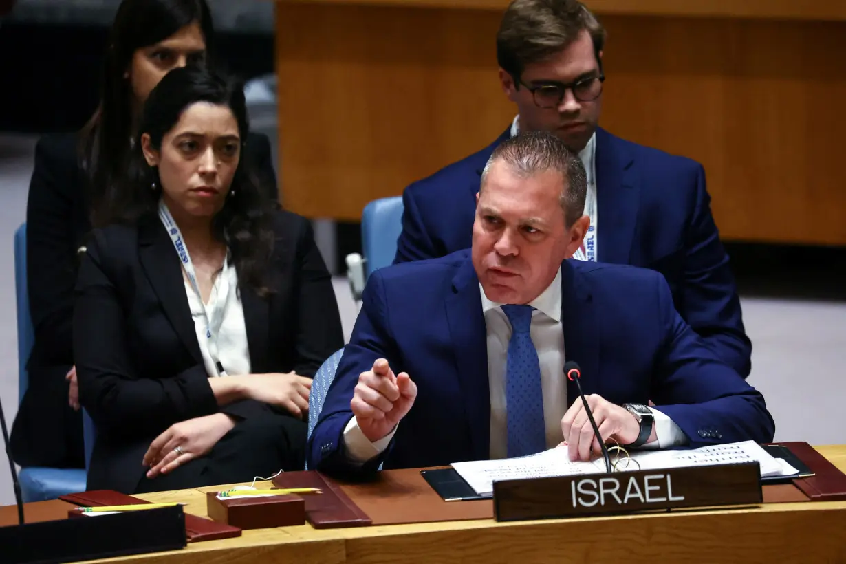 Israel’s Ambassador to the United Nations Gilad Erdan speaks at U.N. Security Council meeting on Middle East in New York