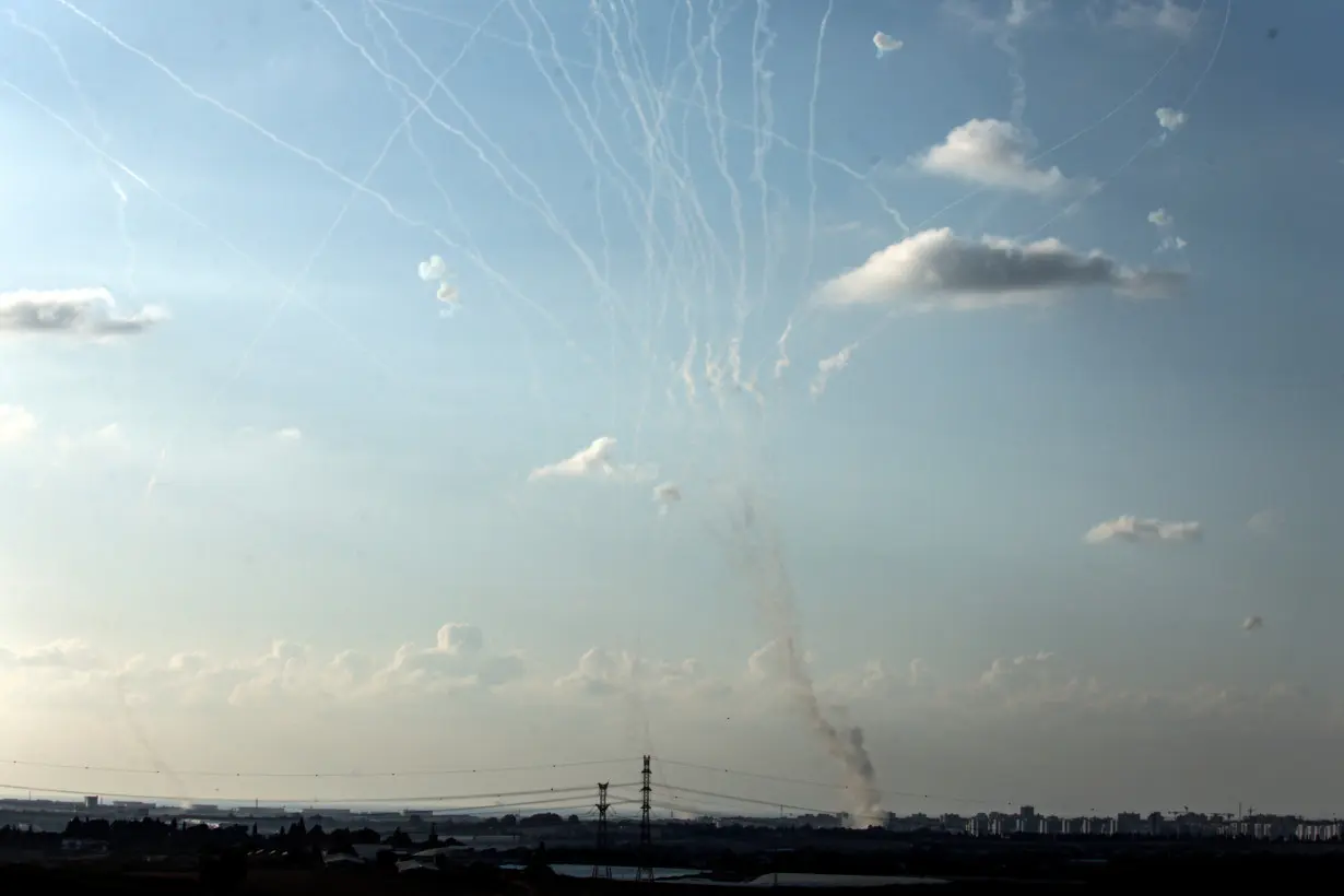 Israel's Iron Dome anti-missile system intercepts rockets launched from the Gaza Strip above Ashkelon, as seen from near Sderot in southern Israel