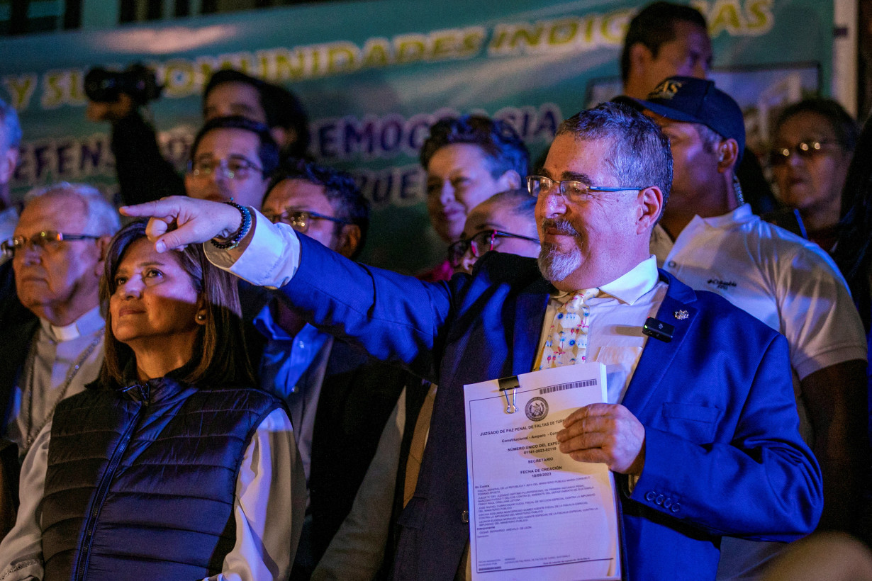 FILE PHOTO: Guatemalan President-elect Arevalo attends a protest outside the Supreme Court of Justice, in Guatemala City