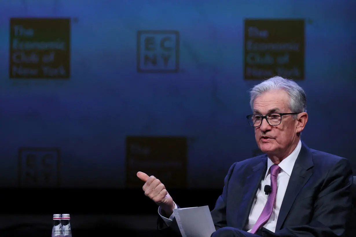 FILE PHOTO: Federal Reserve Chairman Jerome Powell speaks during a meeting of the Economic Club of New York in New York