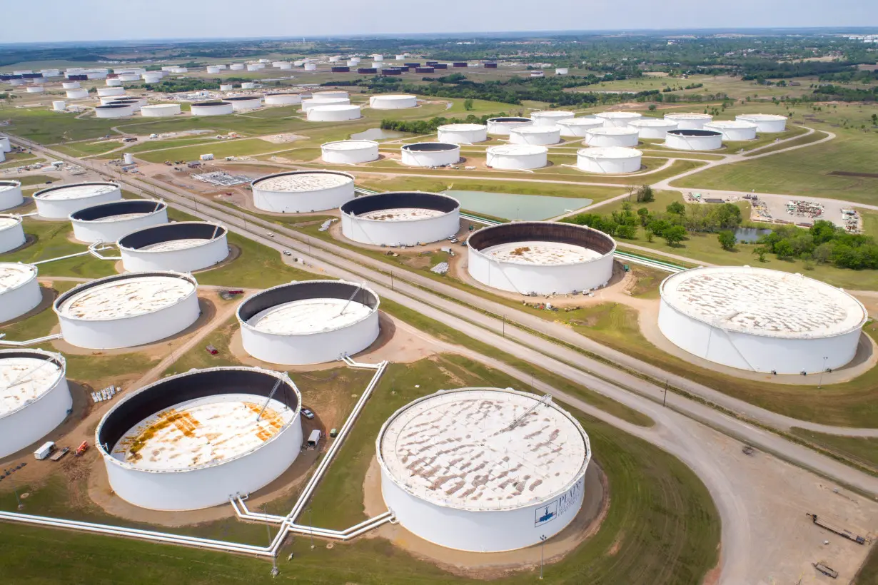 FILE PHOTO: Crude oil storage tanks are seen in an aerial photograph at the Cushing oil hub