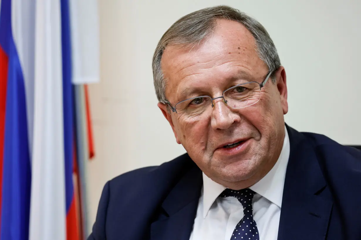 The ambassador of Russia to Israel Anatoly Viktorov speaks at a news conference in Tel Aviv, Israel