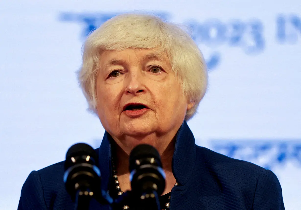 FILE PHOTO: U.S. Treasury Secretary Janet Yellen addresses a news conference during a G20 meeting in Gandhinagar