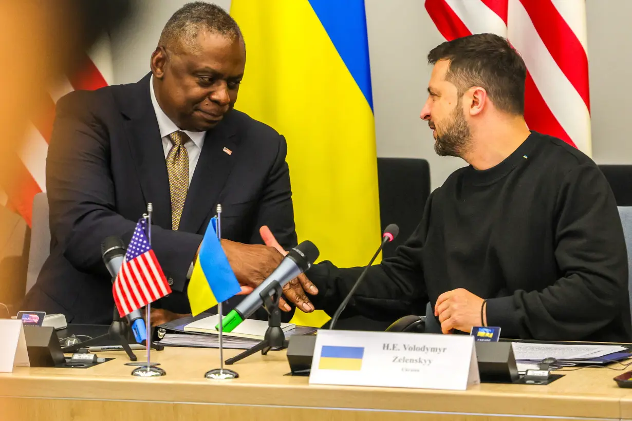 U.S. Secretary of Defense Austin and Ukraine's President Zelenskiy attend a meeting in Brussels