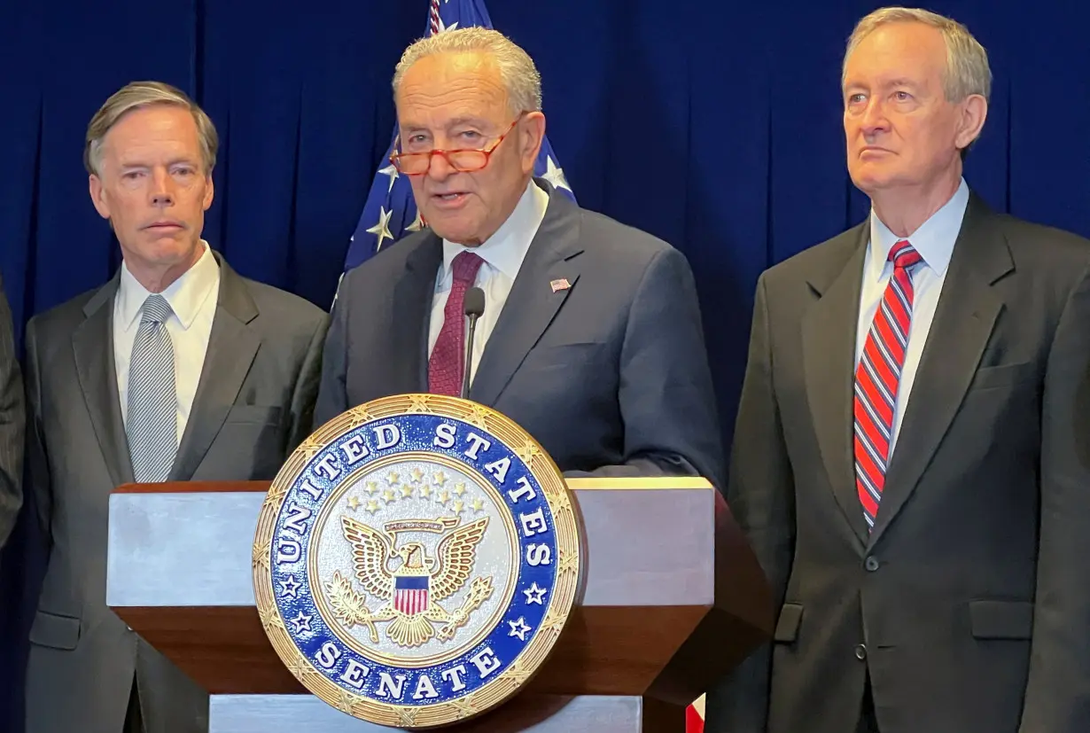 U.S. Senate Majority Leader Chuck Schumer speaks during a news conference in Beijing