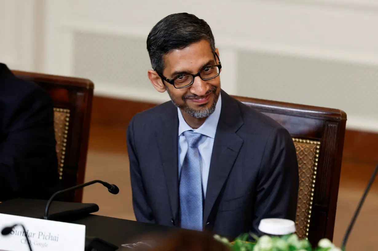 FILE PHOTO: Sundar Pichai, CEO of Google, during a meeting with U.S. President Biden and India's Prime Minister Modi in Washington