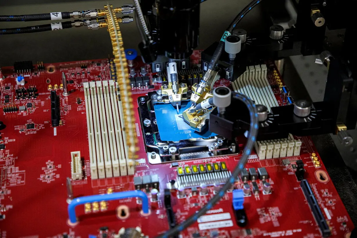 A close-up view of the probe station that is being used to test the Azure Cobalt chip at Microsoft's lab in Redmond