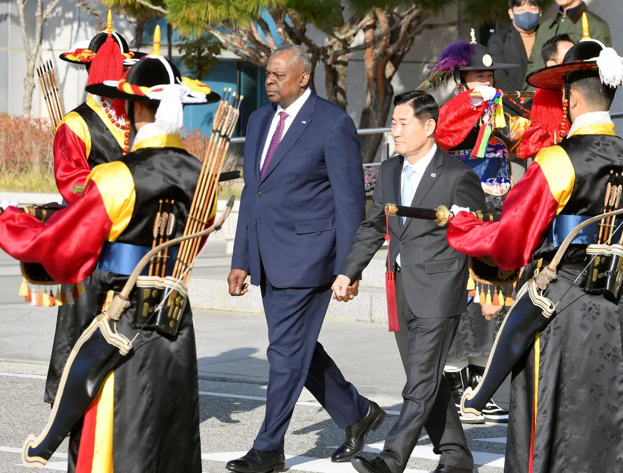 FILE PHOTO: U.S. Secretary of Defense Lloyd Austin and South Korean Defense Minister Shin Won-sik attend a welcome ceremony in Seoul