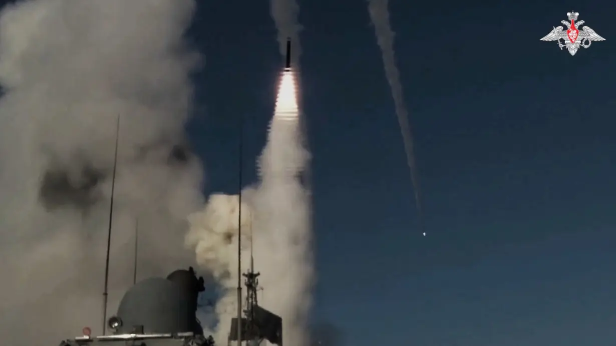 A frigate of the Russian Black Sea Fleet launches a Kalibr cruise missile in the Black Sea