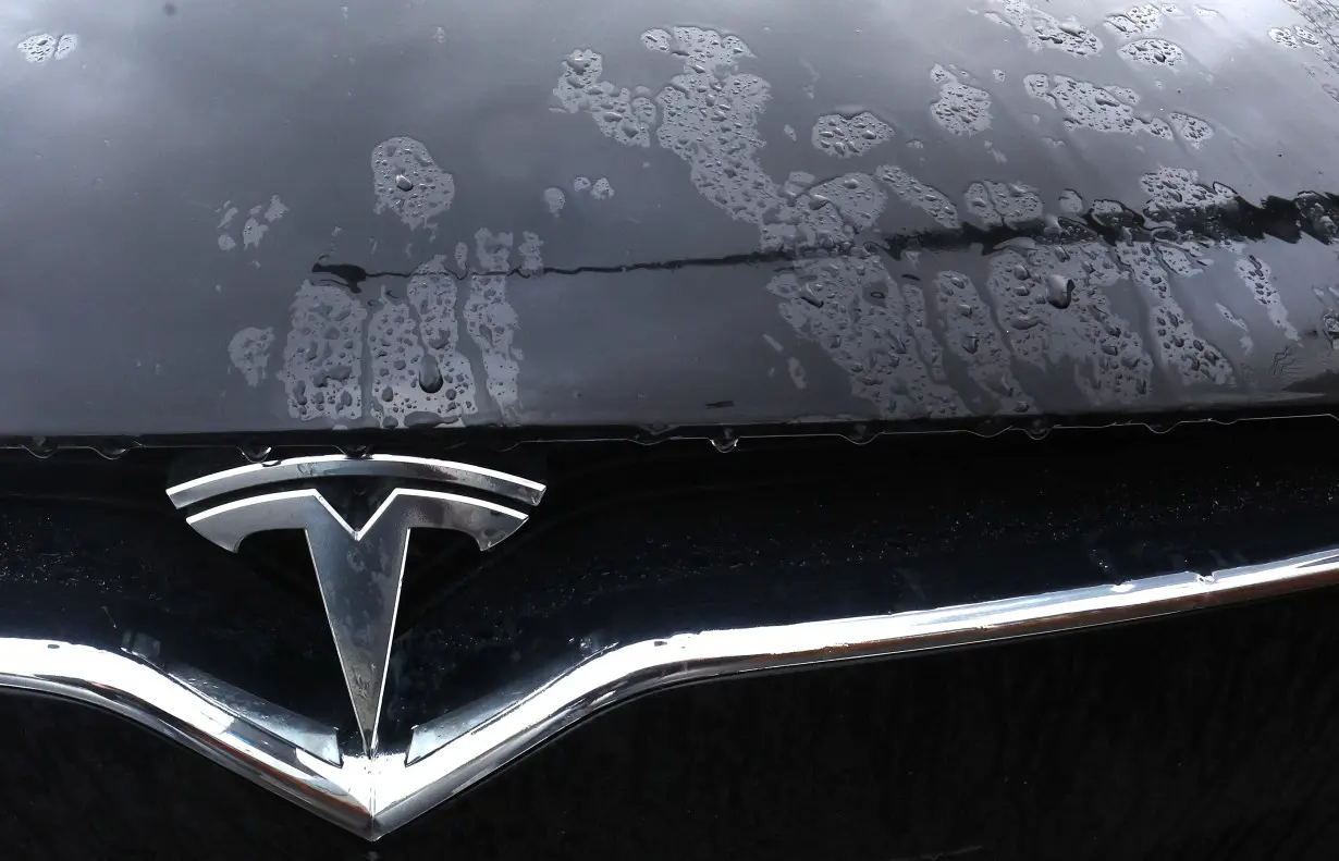FILE PHOTO: The logo of a Tesla electric vehicle is seen on a car seen outside a dealership in Drogenbos