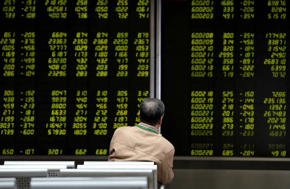 FILE PHOTO: An investor watches a board showing stock information at a brokerage office in Beijing