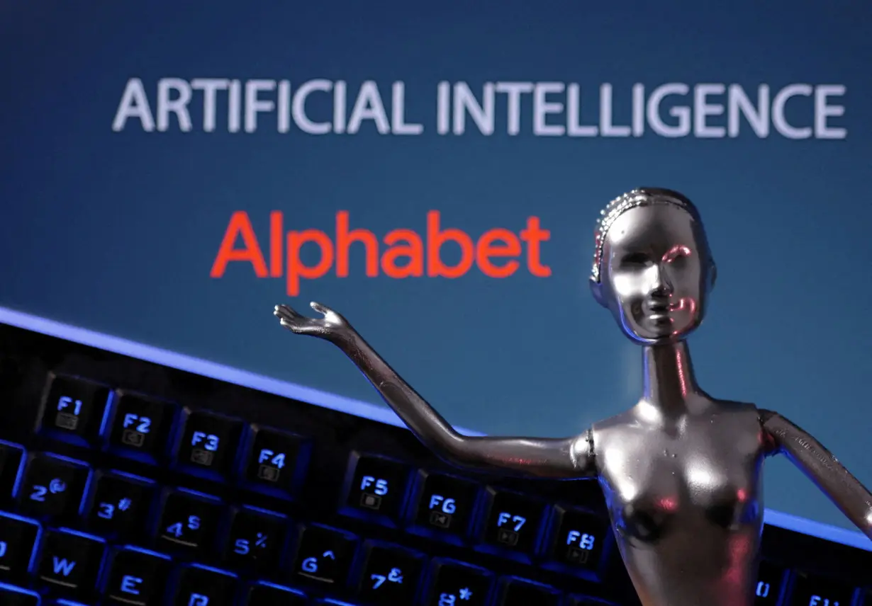 Illustration shows Alphabet logo and AI Artificial Intelligence words