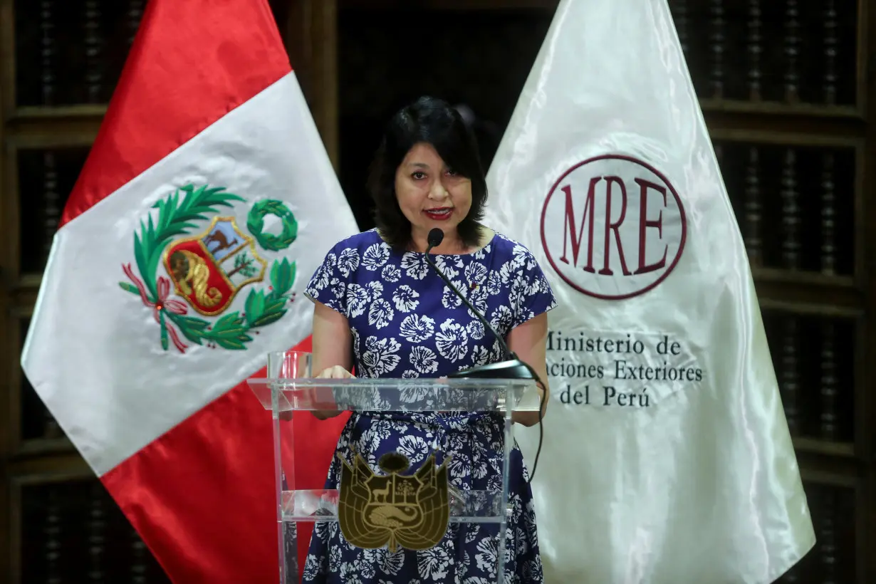 Peruvian Foreign Affairs Minister Ana Cecilia Gervasi attends a press conference