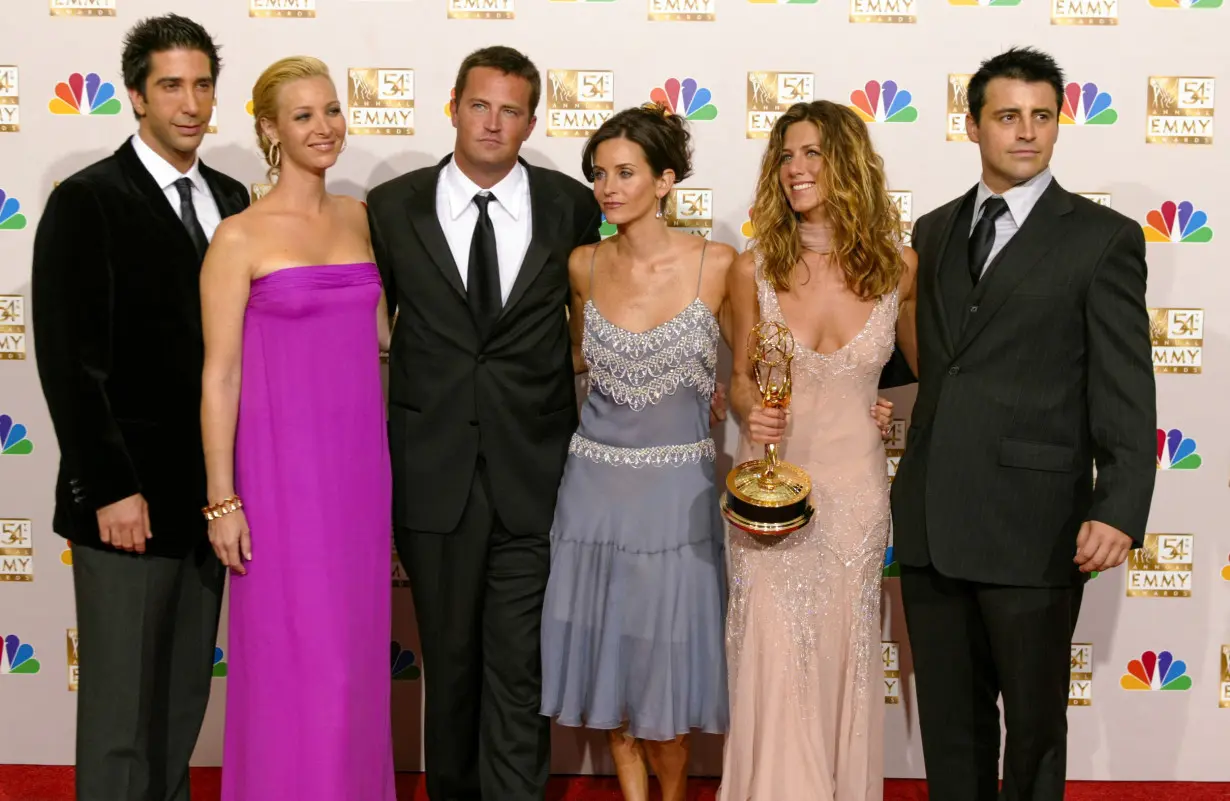 Friends cast appears with winner Jennifer Aniston at Emmy Awards